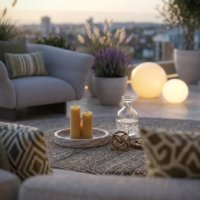 Naven · Terraza, atardecer &mdash; render ia