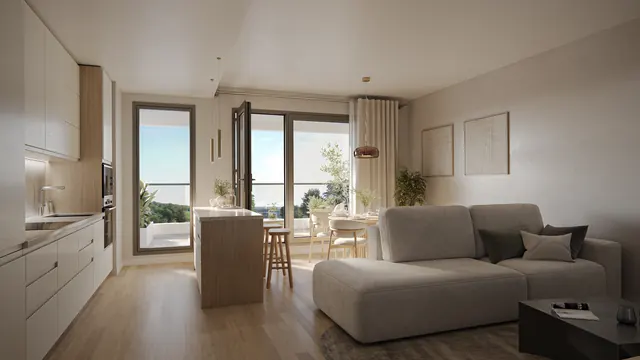 Magnolia · Salón y cocina &mdash; render interiores